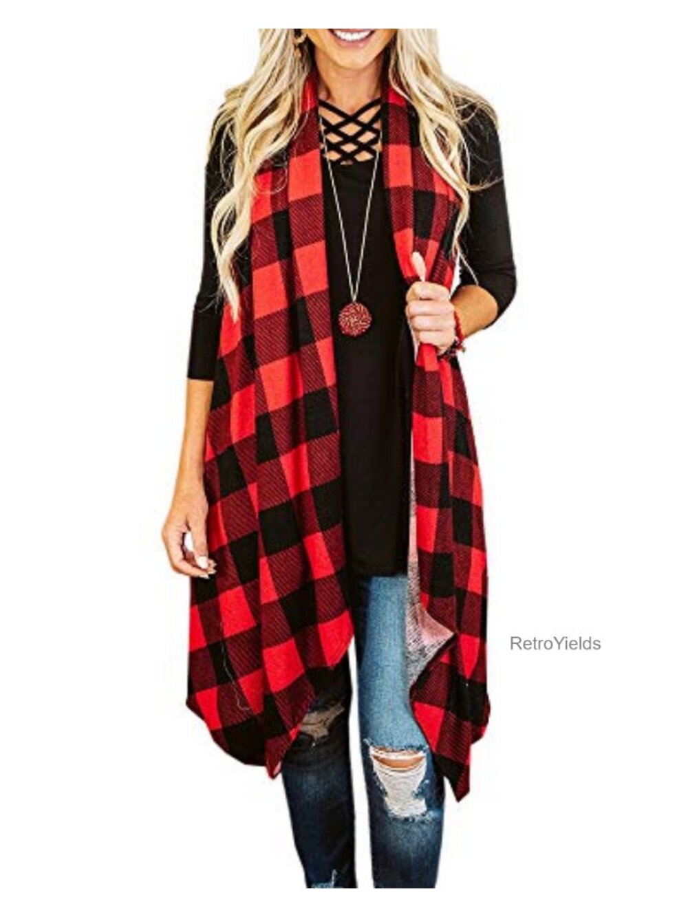 Plaid Open Front Sleeveless Duster Cardigan Lightweight Vest with Pockets
